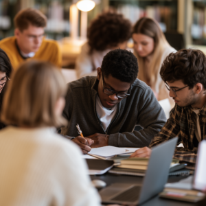 Students collaborate on a writing project in the library