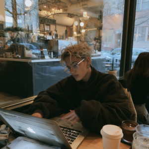 Woman writing on a laptop in a coffeeshop